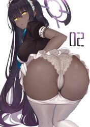 1girls ass ass_focus blue_archive breasts cleaning_&_clearing_(blue_archive) dark-skinned_female dark_skin eyebrows female female_focus female_only gloves hair_between_eyes kanikou karin_(blue_archive) kneeling kneepits lace lace-trimmed_panties legwear long_hair looking_at_viewer maid maid_headdress millennium_science_school_student on_knees open_mouth simple_background solo solo_female solo_focus thecoh very_long_hair white_background white_gloves white_headdress white_legwear white_panties yellow_eyes