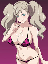 1girls ann_takamaki bangs big_breasts bikini blonde_hair blue_eyes blush breast_expansion breasts byleths200 cleavage cognitive_ann edit female huge_breasts leopard_print leopard_print_bikini lips long_hair looking_at_viewer navel persona persona_5 purple_background ra_pen_ smile smiling solo standing swimsuit twintails