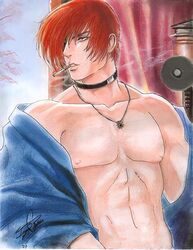 1boy abs barely_clothed blue_jacket choker cigarette iori_yagami king_of_fighters male_only muscular muscular_male necklace safe sakura_blossoms signature snk solo_male unknown_artist