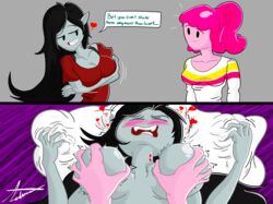 2girls adventure_time arms_under_breasts before_and_after big_breasts black_hair breast_grab breast_grope breast_size_difference breasts canon_couple cartoon_network cleavage english_text faraday_one hand_on_breast heart-shaped_pupils marceline marceline_abadeer multiple_girls pink_hair pink_skin princess_bubblegum text text_box vampire yuri