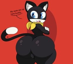 1boy absurd_res anthro ass ass_focus atlus bandana big_ass black_fur blue_eyes bulge clothed clothing digital_media_(artwork) english_text femboy fur furry girly hi_res huge_ass looking_at_viewer looking_back male male_focus male_only megami_tensei morgana_(persona) nr_ac open_mouth persona shadow signature simple_background smile solo text thick_thighs tight_clothing tight_fit two_tone_fur wide_hips