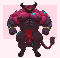 2021 abs anthro balls beard big_muscles border bottomwear bovid bovine bracelet cattle clothing ear_piercing ear_ring facial_hair facial_piercing flaccid front_view genitals hi_res hooves horn huge_muscles humanoid_genitalia humanoid_penis jewelry lizard_soup loincloth male mammal markings muscular muscular_anthro muscular_male navel nipples nose_piercing nose_ring pecs penis piercing pink_background quads simple_background smile solo spikes spikes_(anatomy) standing tattoo thick_thighs white_border