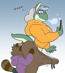 2boys anthro ass ass_worship big_penis blush bottomwear brown_body brown_fur canid canine clothed clothing colelucario curvy dragon duo erection erection_under_clothing fur furry furry_only gay genitals green_body hat head_between_cheeks headgear headwear hi_res hoodie hourglass_figure male male/male mammal oliver_(colelucario) pants penis precum raccoon_dog tanuki topwear tuck_(colelucario) yaoi