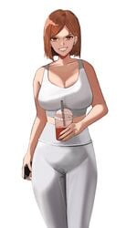 bellone breasts brown_hair cameltoe collarbone eyebrows eyelashes female female female_focus female_only holding holding_cellphone holding_object holding_smartphone jujutsu_kaisen kugisaki_nobara leggings looking_at_viewer midriff pants short_hair simple_background smile smiling smiling_at_viewer solo solo_female solo_focus sports_bra standing teeth tight_pants white_background white_leggings white_pants white_sports_bra white_yoga_pants yoga_pants