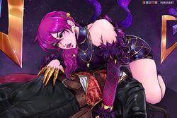 1boy 1girls evelynn facesitting k/da_evelynn k/da_series league_of_legends no_eyewear pururart tobias_fate