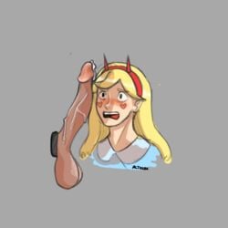 aged_up aroused big_penis blonde_female blonde_hair blush cock_ring cum dark_skin devil_horns disney disney_channel disney_xd face_tattoo guardian hyper_penis penis penis_awe penis_on_face precum shocked star_butterfly star_vs_the_forces_of_evil white_female