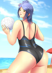 1girls ass bare_shoulders big_ass blue_hair blush butt_crack facial_piercing female female_only flower from_behind hair_ornament holding_object konan lipstick looking_back makeup naruto naruto_(series) naruto_shippuden ocean one-piece_swimsuit orange_eyes paper parted_lips piercing sand side_bun swimsuit tied_hair umbrella volleyball_(ball) water zalgia