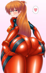 1girls ass_held ass_support asuka_langley_sohryu blue_eyes blush clothing fat_ass female female_only fully_clothed grabbing_own_ass heart hijiriijiri long_hair looking_at_viewer neon_genesis_evangelion orange_hair plugsuit redhead smile solo solo_female suit