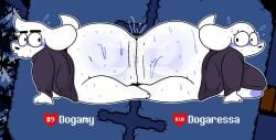 2025 all_fours anthro ass big_breasts big_butt blue_blush blush blush_lines bodily_fluids breasts canid canine canis digital_drawing_(artwork) digital_media_(artwork) dogamy dogaressa domestic_dog duo english_text eye_contact female hi_res looking_at_another looking_at_partner looking_back looking_back_at_another looking_back_at_partner male mammal nipples pelnsfw scut_tail short_tail side_view sweat sweaty_butt tail text thick_thighs undertale undertale_(series) white_body white_tail