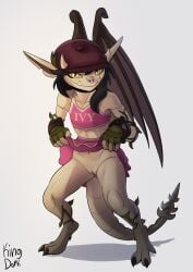 2026 absurd_res anthro blush bottomless clothed clothing deadlock female gargoyle genitals hi_res ivy_(deadlock) kingdorkster looking_at_viewer simple_background smile smiling_at_viewer solo standing valve vulva wings yellow_eyes