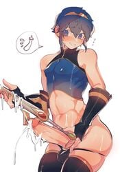 bare_midriff bare_thighs blue_eyes blue_hair blush byebyefrog cum cum_on_penis cum_on_sword eggplant falchion_(fire_emblem) femboy fire_emblem fire_emblem:_mystery_of_the_emblem fire_emblem:_shadow_dragon_and_the_blade_of_light grin male_focus male_only marth_(fire_emblem) nintendo nipple_bulge size_difference smile sweat sword thighhighs thong weapon