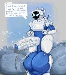 android blue_background bones_in_cum clyde_(jaymesvore) cock_vore condom death_count digestion digestion_noises grey_cum huge_thighs human_prey hyper_penis hyper_testicles jaymesvore movement_lines onomatopoeia robot robot_boy robot_humanoid text_bubble vore