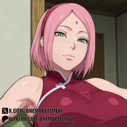 abs ai_generated arrogant big_ass big_breasts boruto:_naruto_next_generations curvy green_eyes mature_female milf naruto_(series) navel onemoretimeai pink_hair sakura_haruno