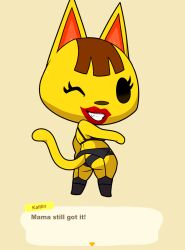 animal_crossing anthro ass big_ass brown_hair feline female garter_straps hand_on_hip impstripe kaitlin_(animal_crossing) lipstick nintendo sharp_teeth speech_bubble thick_thighs video_games wide_hips wink