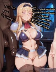 ai_generated alicia_arcturus blacked caption comic cuckold dark-skinned_male dark_skin femdom in_front_of_cuckold interracial kuroinu_~kedakaki_seijo_wa_hakudaku_ni_somaru~ large_breasts looking_at_penis netorare penis penis_size_difference pussy qos qos_tattoo queen_of_spades size_difference small_penis small_penis_humiliation spade_tattoo text thin_waist wide_hips zimalarey