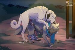 2026 after_anal animal_genitalia animal_penis balls bite_mark black_body black_fur blood blue_eyes bodily_fluids canid canine canine_genitalia canine_penis canis claws collar cum cum_on_ground cum_string digitigrade domestic_dog duo erection fangs feral feral_on_feral finger_claws fur genital_fluids genitals grey_body grey_fur hi_res jenklin_(character) kangal knot knotted_penis licking livestock_guardian_dog looking_pleasured male male/male male_feral mammal molosser mostly_nude mountain_dog nando_wolf night one_eye_closed open_mouth pastoral_dog penis pink_penis quadruped scarf scarf_only shaded snout standing tail teeth thewolfshiki toe_claws tongue tongue_out white_body white_fur wolf