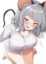 blush button_gap collared_shirt from_above full-face_blush huge_breasts kneeling naked_shirt naughty_face nazrin nipples_visible_through_clothing open_mouth seductive_smile skeb_commission smile touhou