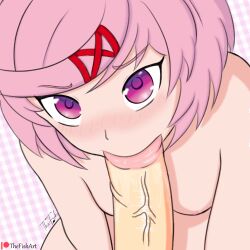 1boy 1girls blowjob blowjob_face blushing breasts doki_doki_literature_club english_text natsuki_(doki_doki_literature_club) nipples patreon_logo patreon_username pink_eyes pink_hair text thefishart unseen_male_face