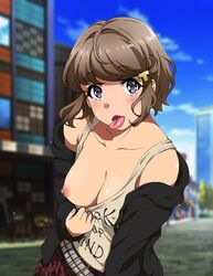 1girls breasts clothed clothed_female exposed_breast female female_only flashing looking_at_viewer no_bra one_breast_out outdoors outside seishun_buta_yarou_wa_bunny_girl_senpai_no_yume_wo_minai short_hair tomoe_koga tongue_out