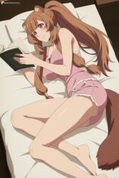1girl ai_generated animal_ears artist_name bare_legs barefoot bed blush book breasts brown_hair closed_mouth digitalwaifugallery female female_only hi_res high_quality high_resolution holding indoors large_breasts legs long_hair lying on_bed on_side open_book patreon patreon_logo patreon_username pink_shorts ponytail raccoon_ears raccoon_girl raccoon_tail raphtalia reading seductive sexy shirt short_shorts shorts sidelocks smile solo tail thighs uncensored very_long_hair watermark web_address