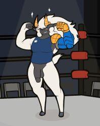 anthro bottomless bovid caprine clothed clothing dane_wallace digitalpelican domestic_sheep fighting_ring flexing hi_res hooves horn male mammal prosthetic prosthetic_limb scar sheep solo texas_flag ultimate_mating_league wrestling