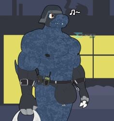 anthro anthrofied armor bandai_namco bulge chronotheufo claws clothing commandramon detailed_bulge digimon digimon_(species) electronics headgear helmet hi_res male male_only muscular muscular_anthro muscular_male nipples pecs scalie solo thong underwear walkie-talkie whistling