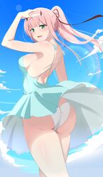 alternate_hairstyle ass blue_dress darling_in_the_franxx dress green_eyes panties pink_hair ponytail sideboob summer_dress thick_thighs white_panties zero_two_(darling_in_the_franxx)