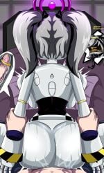 1boy 1girls anal_sex ass bed fuck_you grabbing_arms grey_hair j_(murder_drones) male/female murder_drones murder_drones_x_humans penis penis_in_ass penis_in_pussy sex sharp_teeth tounge_out yellow_eyes you