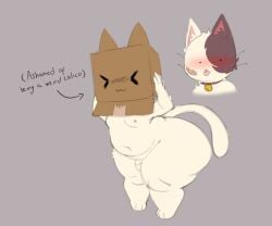 >_< 2026 anthro arrow_sign ass axoarts balls bell bell_collar big_butt black_eyes blush box box_on_head brown_body brown_ears brown_fur calico_cat closed_eyes collar container digital_media_(artwork) domestic_cat english_text felid feline felis fur genitals grey_background hair hi_res male mammal mismatched_ears multicolored_body multicolored_fur navel nipples nude penis pink_collar pink_nipples shortstack shortstack_male simple_background small_balls small_penis solo standing tail text thick_thighs three-quarter_view tongue tongue_out two_tone_body two_tone_fur whiskers white_body white_ears white_fur white_hair white_tail