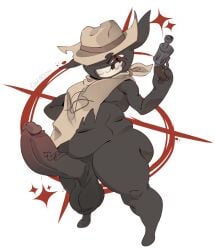 anthro balls belly big_balls big_belly big_butt big_penis butt clothing cosmorat cowboy_hat eye_scar facial_scar felid feline fur genitals grey_body grey_fur grin gun handgun hat headgear headwear hi_res huge_balls huge_penis male mammal mewgenics missing_tooth moobs pancho penis pistol ranged_weapon red_eyes scar shaded slightly_chubby smile solo standing vein veiny_penis weapon zodiac_(mewgenics)