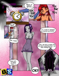 2girls alarm_clock arms ass big_breasts breasts closed_eyes comic dc_comics dildo drawn-sex.com english_text female female_only grey_skin hands legs long_hair multiple_girls nightgown nipples nude open_mouth purple_hair pussy rachel_roth raven_(dc) red_hair see-through see-through_clothing short_hair smile speech_bubble starfire teen_titans text tongue ujinko