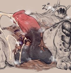 2021 anthro ball_worship capcom cum fanged_beast goss_harag harsh-mallowz hunter_(monster_hunter) kamura_(armor) monster_hunter monster_hunter_rise musk sleeping smell zoophilia