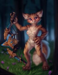 2021 4_toes anthro blizzard_entertainment blue_eyes blurred_background blush bow_(weapon) breasts canid cheek_tuft facial_tuft feet female full-length_portrait fur genitals holding_object holding_weapon inner_ear_fluff looking_at_viewer mammal milkwyvern navel nipples nude pink_nipples portrait pussy ranged_weapon smile solo standing toes tuft video_games vulpera warcraft weapon