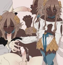 2boys after_anal angel angel_boy ass ass_grab balls blowjob blue_legwear blush brown_hair closed_eyes cum cum_in_ass cum_on_penis dark-skinned_femboy dark-skinned_male dark_skin fellatio femboy flower_in_hair gyarusatan hi_res kauko_(gyarusatan) legwear licking licking_penis licking_tip long_hair long_sidelocks looking_at_viewer male male/male male_only multiple_views oral original penis prayer_hands raziel_(gyarusatan) sex sidelocks smiling smiling_at_viewer white_background white_eyes yaoi
