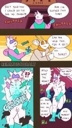 4k 9:16 absurd_res anthro assisted_exposure balls bar blush bomb clothing comic dialogue embarrassed english_text explosives exposed foreskin genitals group hi_res humiliation laugh nude panazel_maria penis remmus_cobalt text torn_clothing