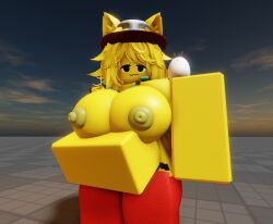 3d 3d_model 3d_render accessory animal_ears areolae bangs big_breasts black_clothing black_detail blocky blocky_body blonde_hair bodysuit bright_colors busty cartoon cartoon_style cat_ears centered clean_render companion confident contrast_colors curvy cute_face decorative detailed_nipples detailed_render empty_background exaggerated_anatomy exaggerated_proportions exposed_nipples female fluffy_hair form_fitting front_view full_body game_asset game_character game_dev glossy gray_floor half_closed_eyes hat headwear high_res huge_breasts idle_pose kemonomimi large_hips long_hair looking_at_viewer mascot messy_hair minimalistic_scene monochrome_yellow neutral_pose nipples no_logo no_text nsfw nude oc one_person original_character oversized_breasts perky_breasts plastic_texture playful red_clothing red_pants relaxed_expression render_scene roblox roblox_avatar roblox_character roblox_studio roblox_style robloxian round_breasts saturated_colors shiny shoulder_pet simple_background simple_geometry skin_tight small_creature smile smirk smooth_shading solo square_limbs standing studio_lighting stylized thick thick_thighs tight_clothes topless toy_like toy_style uncensored unity_style unreal_style vibrant victor_kruglov victorki13 white_creature wide_hips yellow_hair yellow_skin