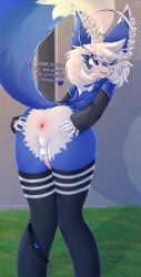 absurd_res accessory ahoge anthro anus aroused backsack balls black_clothing black_panties black_underwear blue_body blue_bottomwear blue_clothing blue_eyes blue_fur blue_shirt blue_skirt blue_topwear bottomwear canid canine clothing fangs femboy fluffy fluffy_ears fluffy_hair fluffy_tail fox fur genitals gesture grass hair hair_accessory heart_symbol hi_res humanoid_genitalia humanoid_penis kemono legwear male male_focus mammal nude panties penis plant rear_view shirt simple_background skirt smug snowhilox snowtwo solo suggestive suggestive_gesture tail teeth text thigh_highs topwear underwear white_body white_fur white_hair