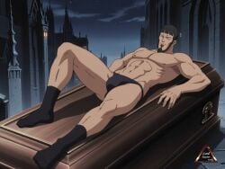 abdomen ai_art ai_generated anime bara black_socks briefs cartoon_character cemetery coffin daddy dilf flexing_muscles gay laying_on_back luchist luchist(character) luchist_lasso luchist_lasso(character) muscles night priest shaman_king smile speedo tagme underwear villain