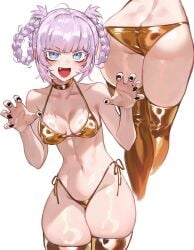 1girls absurdres arm_up ass ass_focus black_nails blunt_bangs blush braid braided_hair_rings breasts cyan_eyes female female_focus female_only foolish_potato gloves golden_clothing hair_rings highres light-skinned_female light_skin looking_at_viewer medium_breasts multiple_views nanakusa_nazuna nanakusa_nazuna_(yofukashi_no_uta) navel oerba_yun_fang open_mouth purple_hair ringed_eyes shadow shiny_clothes shiny_skin thick_thighs thighhighs thighs vampire viewed_from_behind white_background wide_hips yofukashi_no_uta