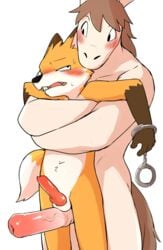 2018 2boys anthro anus big_dom_small_sub blush canid canine digital_media_(artwork) duo edit equid equine erection fox gay genitals handcuffs horse hug junior_horse knot male male/male male_only mammal manmosu_marimo penis penis_size_difference senior_fox shackles size_difference uncensored yaoi