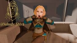 16:9 1girls 3d 3d_render artist_logo artist_name blender blonde_hair clothed couch crown_braid female female_only fingerless_gloves gloves green_eyes holding_mouth_open indoors long_sleeves nintendo on_couch pointy_ears princess_zelda rolling_eyes sitting solo the_legend_of_zelda the_legend_of_zelda:_breath_of_the_wild tongue tongue_out zelda zelda_(breath_of_the_wild)