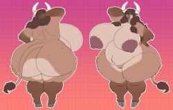 2_horns anthro areola ass belly big_areola big_belly big_breasts big_butt bovid bovine breasts brown_body brown_fur brown_hair cattle cellulite cloven_hooves eyebrow_through_hair eyebrows female female_anthro front_view fur green_eyes hair hand_behind_head hi_res highland_cattle holly_(noeticred) hooves horn huge_breasts huge_butt huge_hips huge_thighs mammal mature_anthro mature_female model_sheet nipple_dip nipples nude nude_anthro nude_female overweight overweight_female pink_areola pink_nipples rear_view solo tail tan_body tan_fur thick_thighs translucent translucent_hair unguligrade vein veiny_breasts vintagart wide_hips