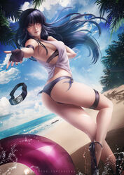 1girls ass axsens bangs beach bra clothed clothing female female_focus female_only fingerless_gloves flip_flops flowing_hair gloves headband hyuuga_hinata inflatable inflatable_toy lavender_eyes long_hair looking_back naruto naruto_(series) naruto_shippuden palm_tree pool_toy purple_hair sand sea shirt sideboob solo solo_female solo_focus summer tossing tropical underwear