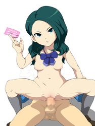 1boy cowgirl_position female green_eyes green_hair inazuma_eleven_(series) inazuma_eleven_go inazuma_eleven_go_galaxy long_hair merry_program mizukawa_minori navel raised_leg sex small_breasts spread_legs