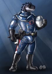 2024 absurd_res anthro armor big_bulge black_body black_boots black_clothing black_footwear blue_bottomwear blue_clothing blue_latex blue_markings blue_pants blue_topwear boots bottomwear bulge clothed clothing dated dinosaur finger_on_the_trigger footwear front_view full-length_portrait grin gun head_spikes headgear helmet hi_res holding_armor holding_gun holding_headgear holding_helmet holding_object holding_ranged_weapon holding_weapon hufnaar latex latex_bottomwear latex_clothing latex_pants latex_topwear looking_at_viewer male male_anthro markings orange_eyes pants portrait prehistoric_species ranged_weapon red_sclera reptile scalie shoes simple_background smile solo spikes spikes_(anatomy) standing topwear weapon white_body
