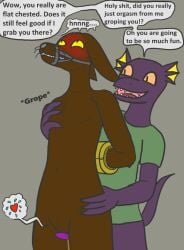 ahuizotl anthro arm_cuffs blush blushing_profusely bridle brown_body brown_fur duo english_text female flat_chested fur groping_chest groping_from_behind hands_behind_back male male/female one-bar_prison orgasm packmule purple_lizard_(trinitite) rape_play simulation text tory_(trinitite) trinitite yellow_eyes