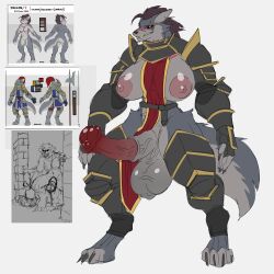 1:1 animal_genitalia animal_penis anthro armor biped breasts caixin_sanshijiu canid canine canis clothing english_text equine_genitalia equine_penis erection exposed_breasts genitals gynomorph hi_res intersex jaclyn_(revertigo) mammal medial_ring nude penis reference_image solo tabard text unconvincing_armor wolf