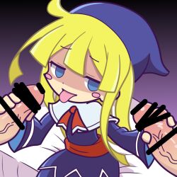 2boys 2boys1girl bed blonde_female blonde_hair blush clothed dress female handjob multiple_penises penis penises puyo_puyo puyo_puyo_artstyle sitting tounge_out witch_(puyo_puyo)