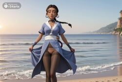 1girls ai_generated avatar_legends avatar_the_last_airbender beach black_choker black_hair black_pantyhose blue_dress blurry braid braided_ponytail breasts choker cleavage closed_eyes collarbone dark-skinned_female dark_skin day dress earrings facing_viewer female hi_res jewelry katara lips long_hair makeup medium_breasts nickelodeon nicktoons no_panties ocean outdoors pantyhose pussy r34arts sand sash short_sleeves single_braid sky solo standing thighband_pantyhose uncensored water