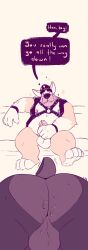 2021 anthro arm_hair ass balls beard belly big_belly black_clothing black_eyebrows black_harness black_hat black_headwear black_nose body_hair bottomless brown_balls brown_beard brown_body brown_facial_hair canid canine canis chest_hair chocolateandmilk closed_eyes clothed clothing dated domestic_dog duo english_text eyebrows facial_hair front_view fur genitals harness hat headgear headwear hi_res humanoid_genitalia humanoid_penis male mammal moobs nipples orange_body orange_fur overweight overweight_anthro overweight_male penis pink_nipples pink_penis rear_view signature sitting speech_bubble text white_balls white_body white_fur
